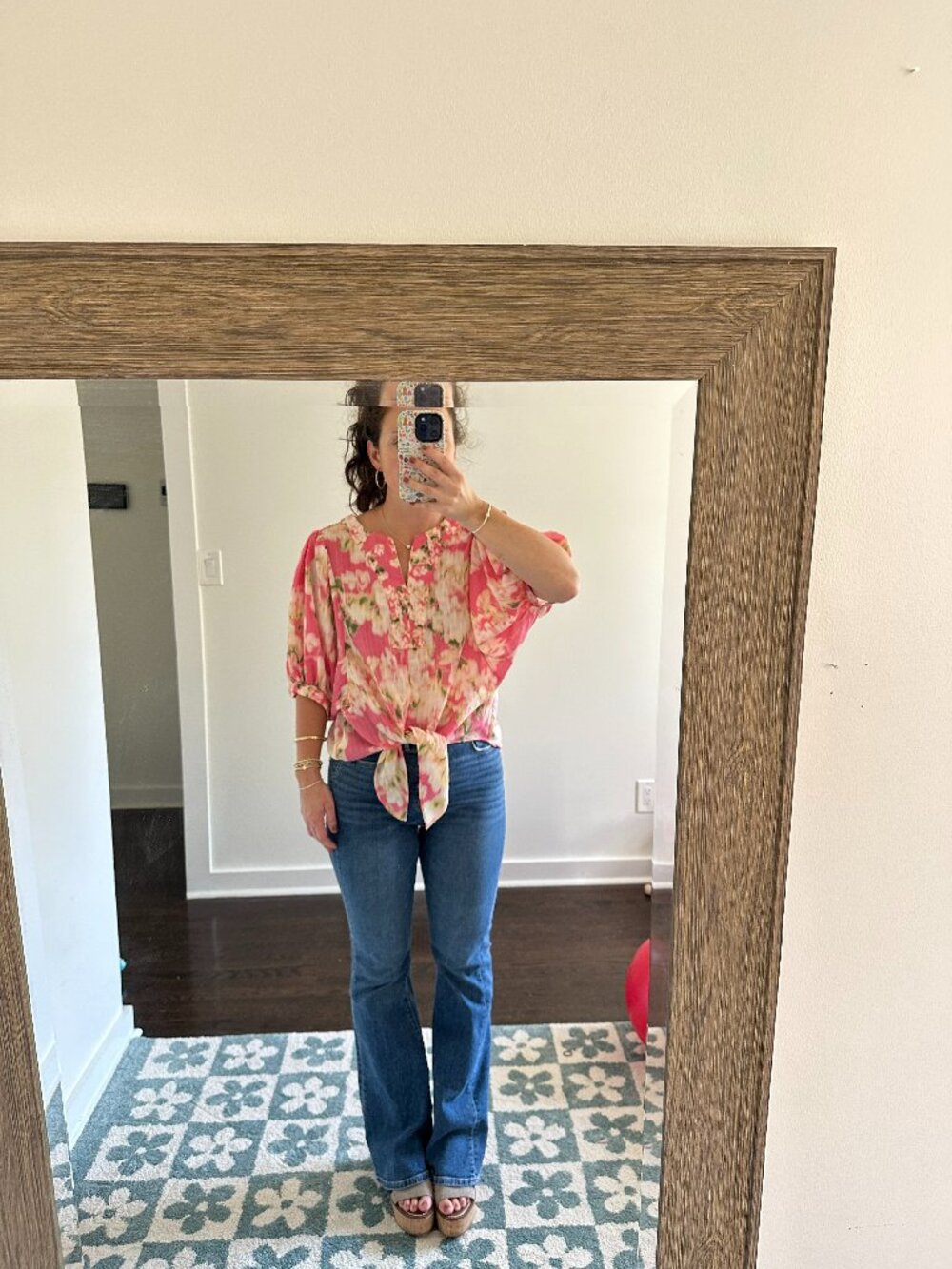 Rose + Olive Pink Floral Peasant Blouse Tie Front Balloon Sleeve Top | Size S